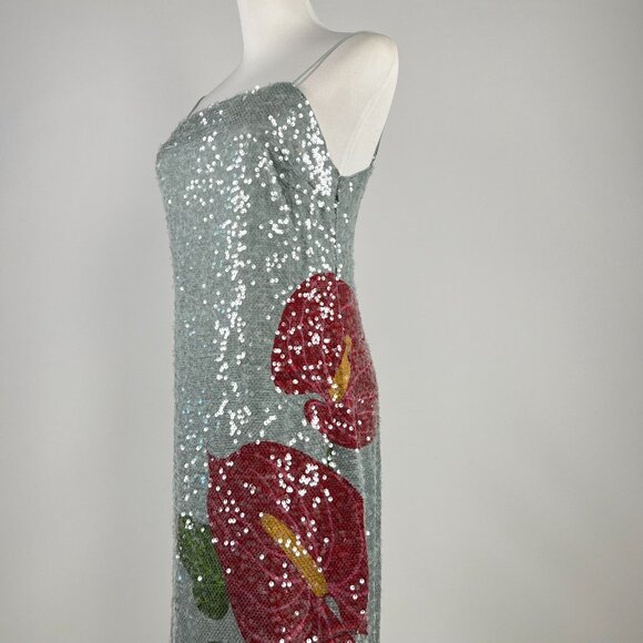 $450 NWOT Farm Rio Blue Sequins Anthurium Flowers Slip Maxi Dress Size S - Picture 9 of 16